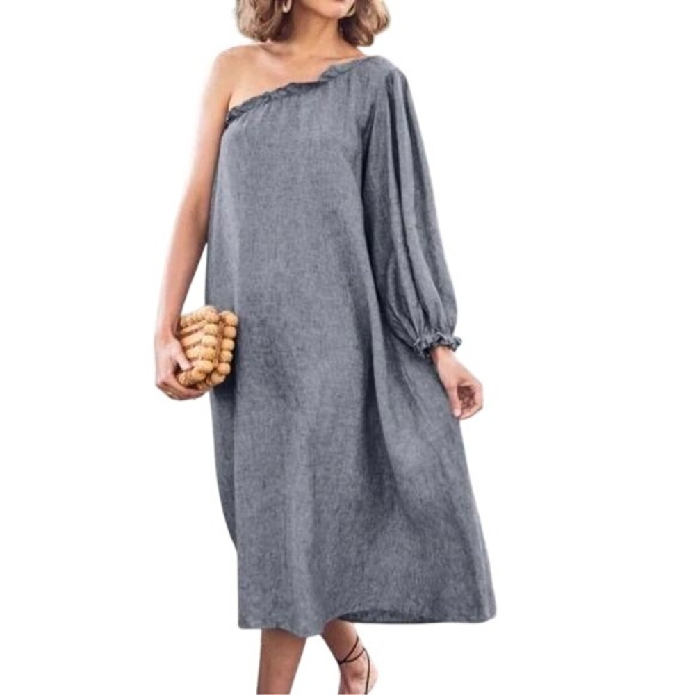 LAKE Women's Gray Chambray Gauze One Shoulder Minimalist Midi Dress Size Medium